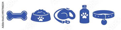 Blue silhouettes of pet accessories including a bone, food bowl, leash, bottle, and collar. Ideal for pet care and veterinary branding.