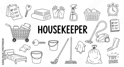 Housekeeping and cleaning supplies illustration with checklist and alarm clock