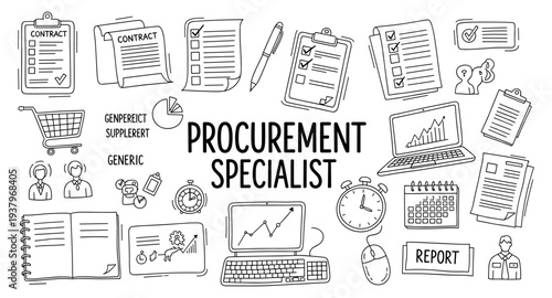 Procurement specialist job and tasks illustrated with icons and text