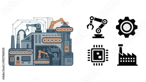 Smart factory automation technology with robotic arm industrial machine production line manufacturing processor and modern industry 4.0 concept illustration