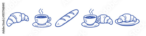 Set of blue hand-drawn illustrations featuring croissants, cups of hot coffee, and a baguette, perfect for French cafe or bakery branding.