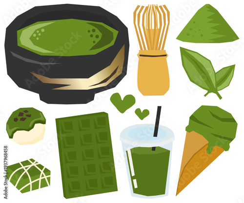 A vector illustration set featuring Japanese matcha and foods made with matcha