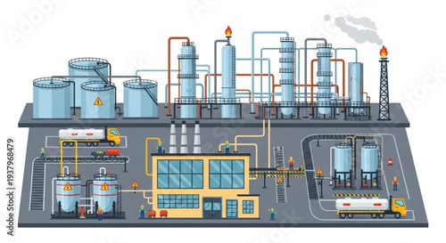Industrial oil refinery complex with storage tanks and pipelines.