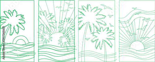 Four panel tropical palm tree beach scenes in green line art style