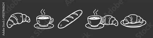 Chalkboard style hand-drawn icons of croissants, coffee cups, and baguettes on a dark background. Perfect for cafe or bakery menu design elements.