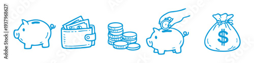 Blue hand-drawn financial icons featuring piggy banks, wallet, coins, and a money bag. Concept of banking, personal finance, and money savings.