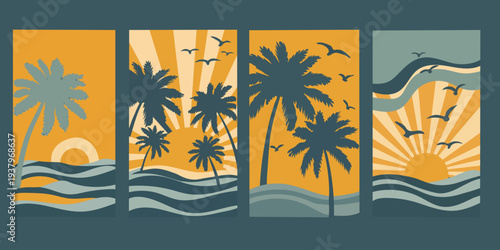 Vibrant tropical sunset with palm trees and birds in a collage format