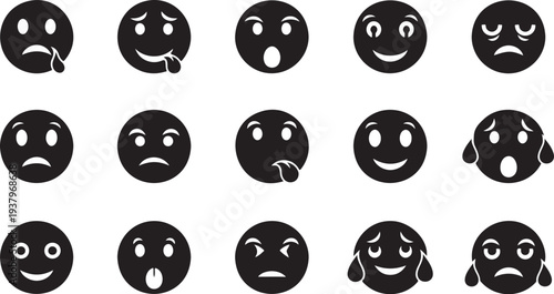 A collection of emoticon faces and eye expressions in black and white