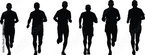 Silhouettes of six people running in a line
