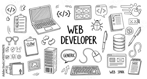 Hand-drawn web developer icons and symbols illustrating coding and technology concepts