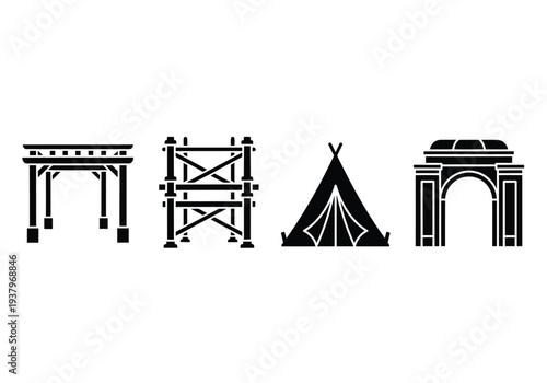 Set of black silhouette gazebo, scaffolding, tent, and arch monument vector icons