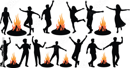 People dancing around campfire silhouette set, friends celebrating outdoor night party with bonfire flames isolated vector illustration collection