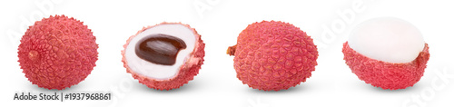Photography Fresh juicy pink lychee and half of lychee with seed and peeled half of lychee isolated collection, set