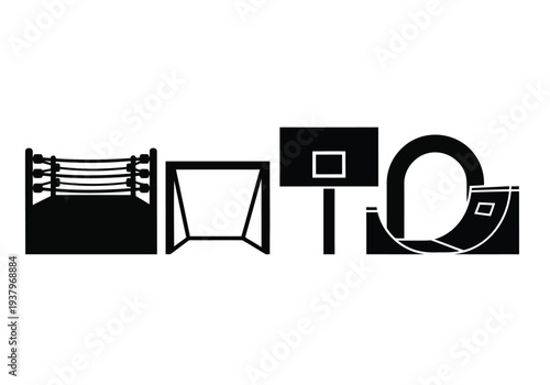 Set of black silhouette sports equipment including boxing ring, goal, hoop, ramp