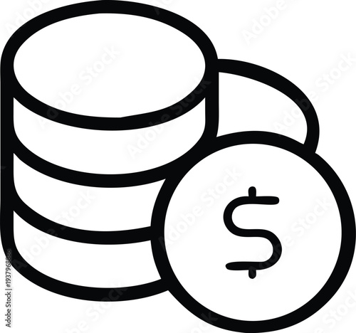 A simple black and white illustration of a stack of coins with a dollar sign