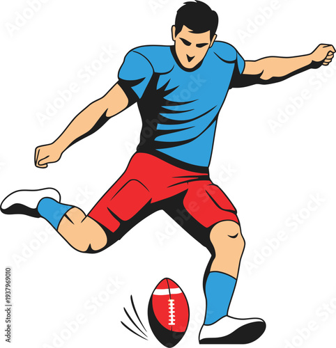 Rugby player kicking a ball in action