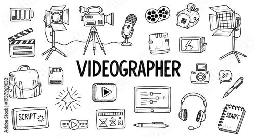 Doodle illustration of videographer tools and equipment for filmmaking and content creation