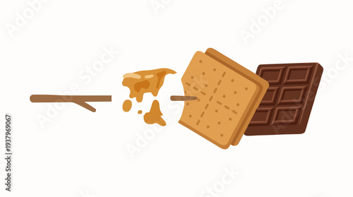 Delicious campfire smores ingredients melting marshmallow graham cracker and chocolate bar vector illustration