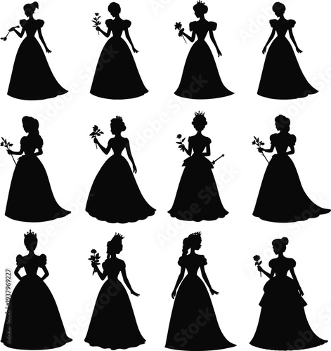 Princess and queen silhouette collection featuring elegant royal women in ball gowns holding roses and scepters fairy tale characters black vector set