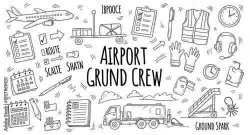 Doodle illustration of airport ground crew tools and tasks with airplane and truck