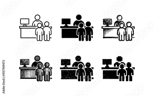 Customer service icons showing people interacting with a representative at a desk