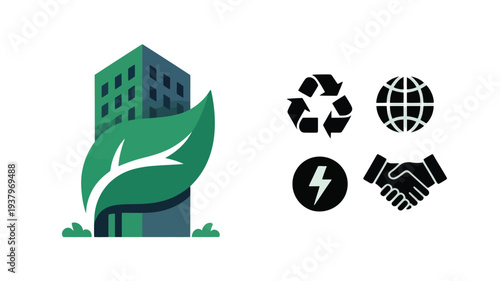 Sustainable green building concept with eco friendly architecture renewable energy recycling environment protection and modern sustainable development illustration