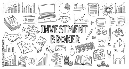 Investment broker concept with charts, contracts, and office supplies in doodle style
