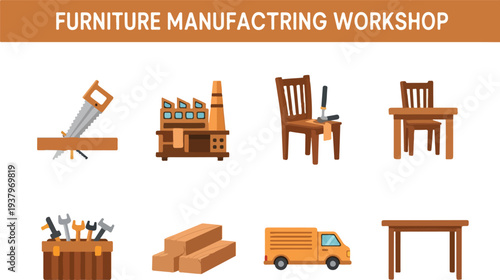Graphic depicting a furniture manufacturing workshop tools factory wood and truck