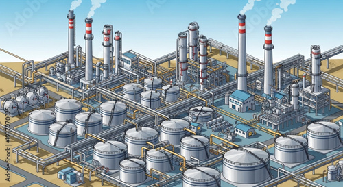 Industrial oil refinery complex with multiple towers and storage tanks.