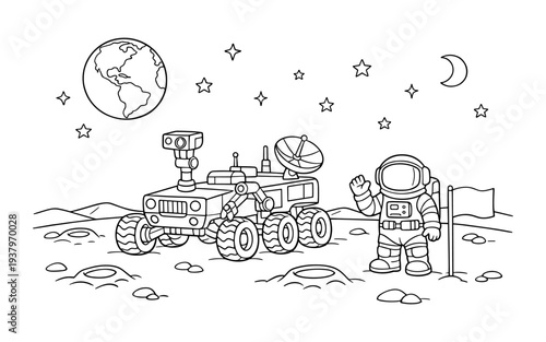 Cute cartoon astronaut waving next to a rover on the moon with Earth in the background