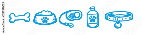 Collection of blue hand-drawn pet care icons featuring a dog bone, food bowl, leash, shampoo bottle, and collar. Ideal for animal shop branding.