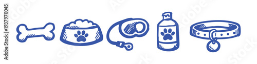 Hand-drawn blue icons of pet supplies including a bone, food bowl, leash, shampoo, and collar on a white background.