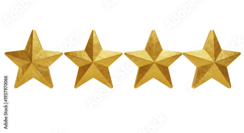 Four identical 3d stars in polished gold foil texture, macro focus, isolated on a transparent background with ample copy space. Concept of premium quality rating