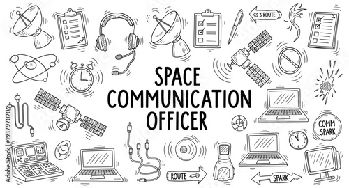 Space communication officer career concept with doodle icons and text