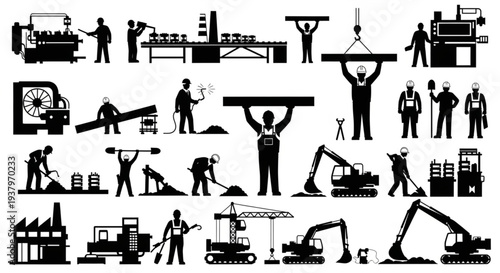Industrial workers and machinery in silhouette style.
