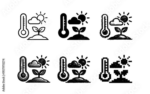 Icons depicting plant growth influenced by temperature and sunlight conditions