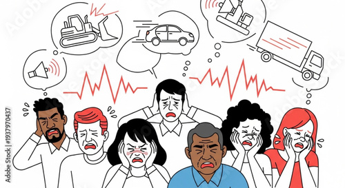 People suffering from noise pollution and sound waves illustration.