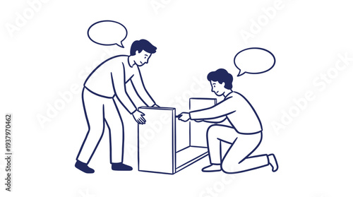 Two men assembling wooden furniture together with speech bubbles in a simple dark blue line art style for home improvement projects.