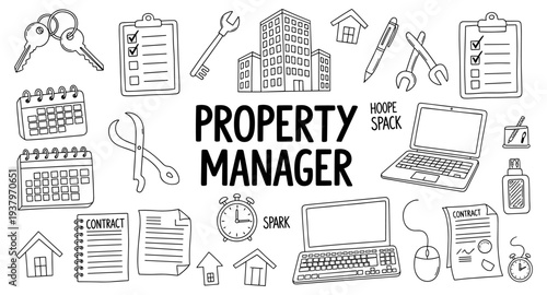 Property manager's essential tools and tasks illustrated in a doodle style