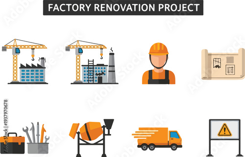 Illustration of factory renovation Cranes factories workers blueprints tools concrete mixer truck  caution sign