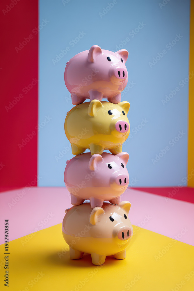 Obraz premium Stacked pink piggy banks on colorful background symbolizing savings and finance