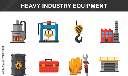 Eight flatstyle icons of industrial elements steel mill press hook factory barrel toolbox gloveswrench and garage