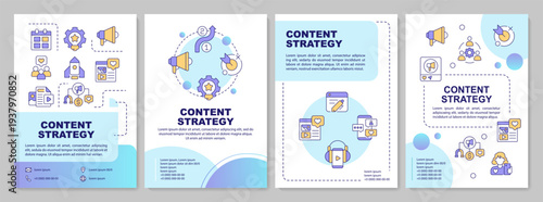 Content strategy blue gradient brochure layout. Advertisement planning. Leaflet advertising design with color line icons. Editable 4 pages. Arial-Bold, Myriad Pro-Regular fonts used