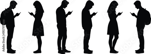 Large collection of black silhouettes showing men and women with backpacks standing and using smartphones isolated on white background for mobile technology designs