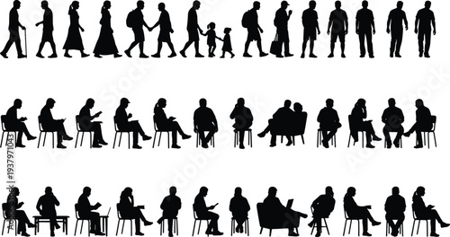 Large collection of black silhouettes showing people walking sitting in chairs using smartphones and standing in various poses isolated on white background for architecture design