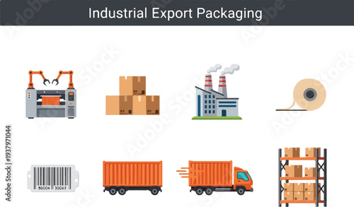 Industrial export packaging graphic with icons machine boxes factory tape barcode container truck and storage shelves