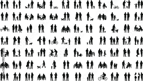 Large Flat Vector Silhouette Mega Bundle of People Characters Groups Families Couples Walking Dogs Sitting on Benches and Riding Bicycles for Architecture Visualization