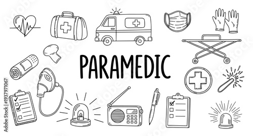 Paramedic emergency medical services equipment and symbols doodle collection
