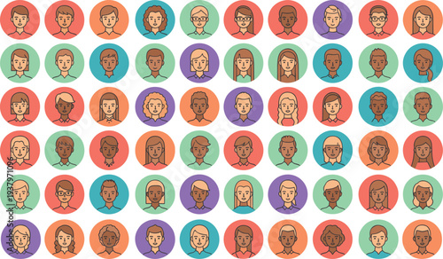 Large collection of colorful flat vector avatar icons featuring diverse men and women faces with different hairstyles and skin tones for profile user interface.
