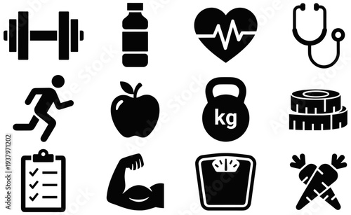 Health and fitness lifestyle icons set featuring exercise, nutrition, medical care, hydration, strength training, and wellness tracking symbols